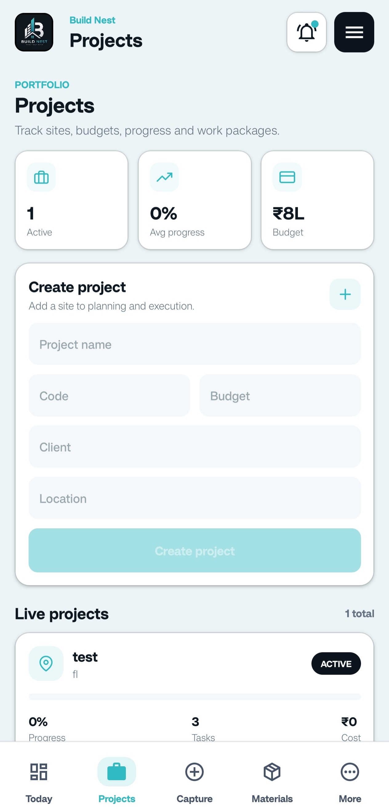 Projects mobile app screenshot